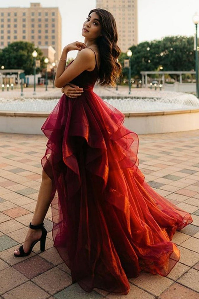 High Low Burgundy Tulle Long Prom Dress ...